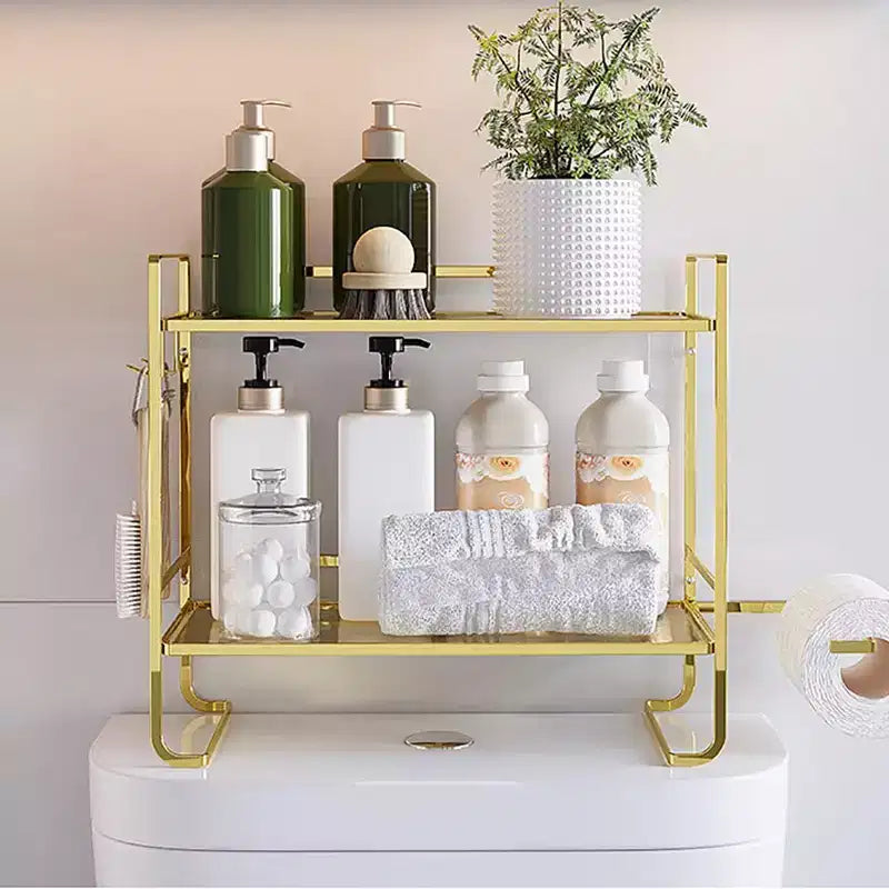2-Tier Bathroom Shelf Organiser, Space Saving Multi-Purpose Metal Organiser Rack Over The Toilet Storage Rack with 2 Hooks