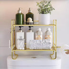 Étagère de salle de bain à 2 niveaux, organisateur de rangement multifonctionnel en métal peu encombrant au-dessus des toilettes avec 2 crochets