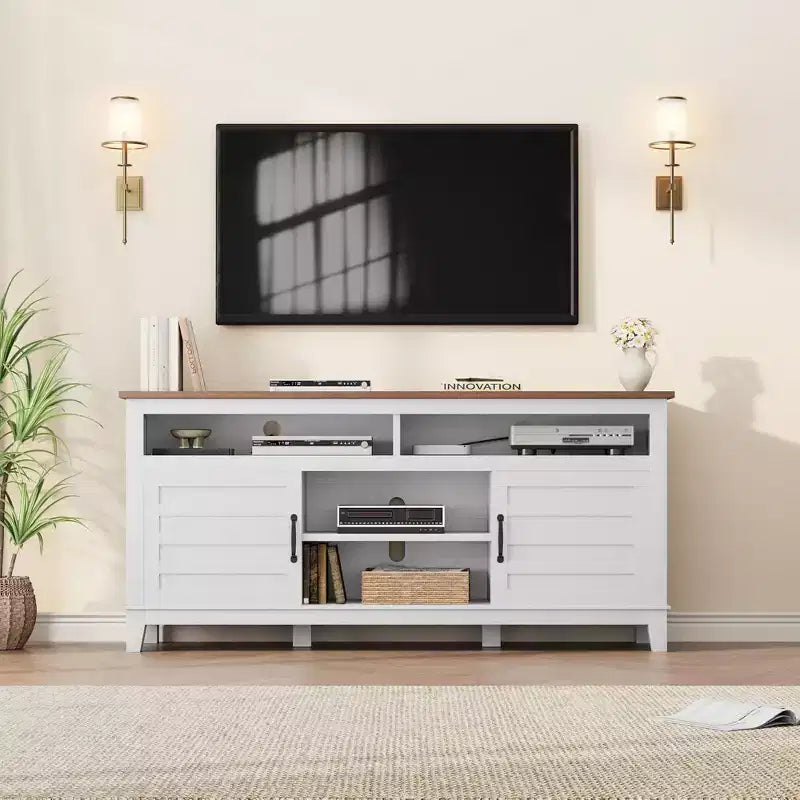 TV Stand Entertainment Center with Adjustable Shelves, Farmhouse TV Stand with Cabinet Doors,for Living Room, Bedroom