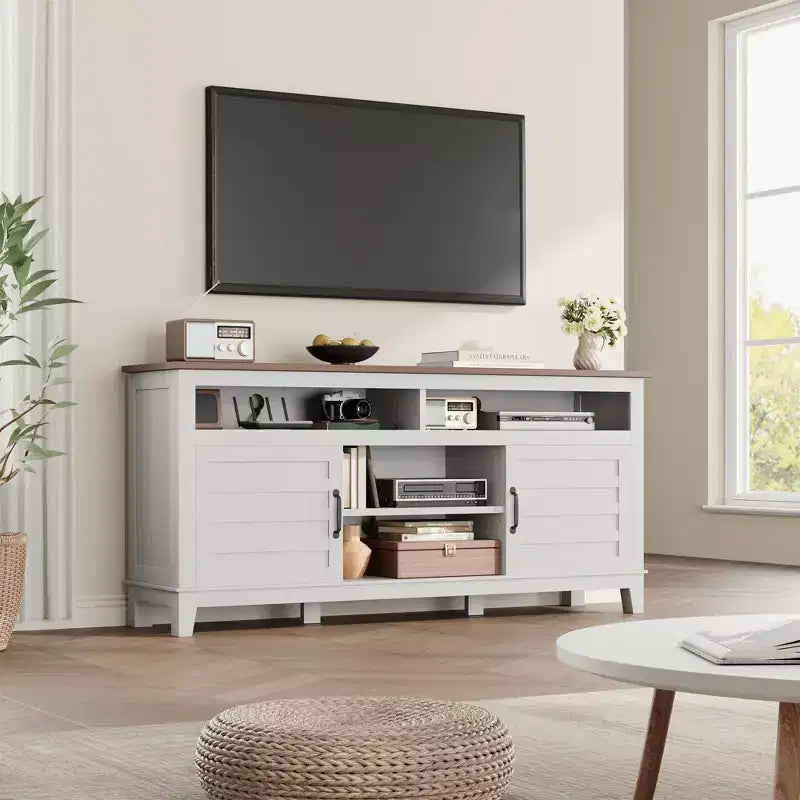TV Stand Entertainment Center with Adjustable Shelves, Farmhouse TV Stand with Cabinet Doors,for Living Room, Bedroom
