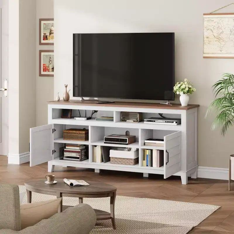 TV Stand Entertainment Center with Adjustable Shelves, Farmhouse TV Stand with Cabinet Doors,for Living Room, Bedroom