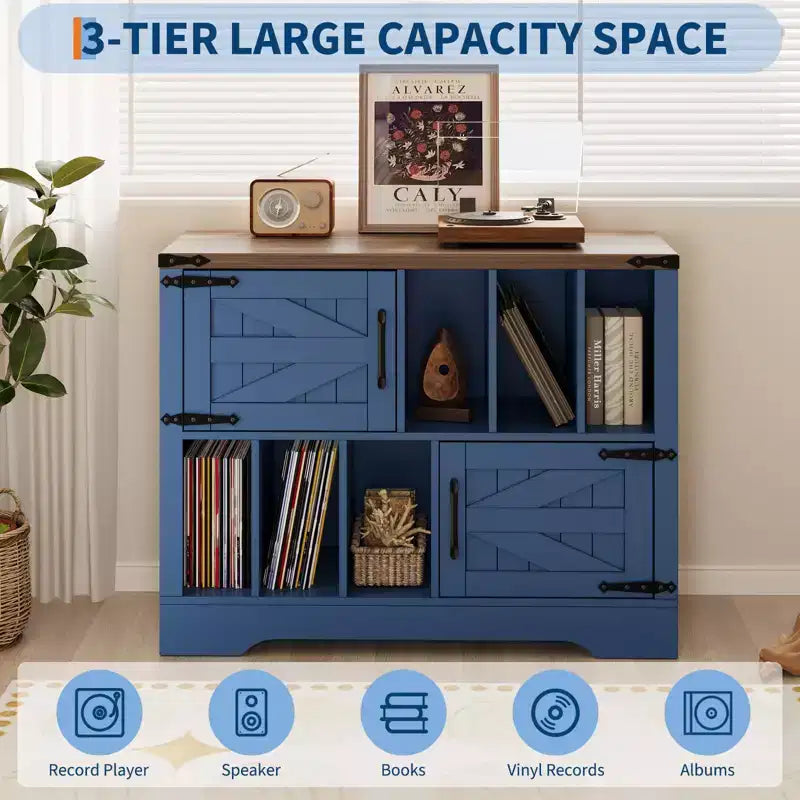 39" Record Player Stand with Vinyl Storage and Barn Doors
