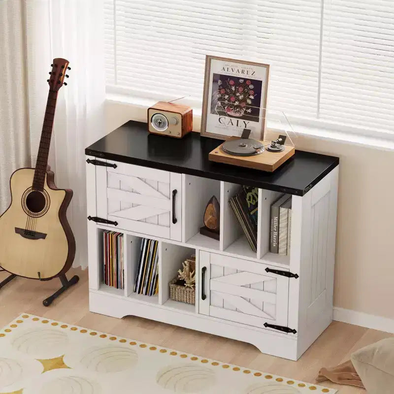 39" Record Player Stand with Vinyl Storage and Barn Doors