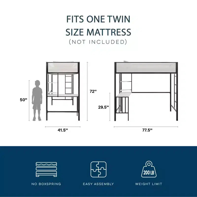 Twin Loft Bed with Desk and Shelves Black