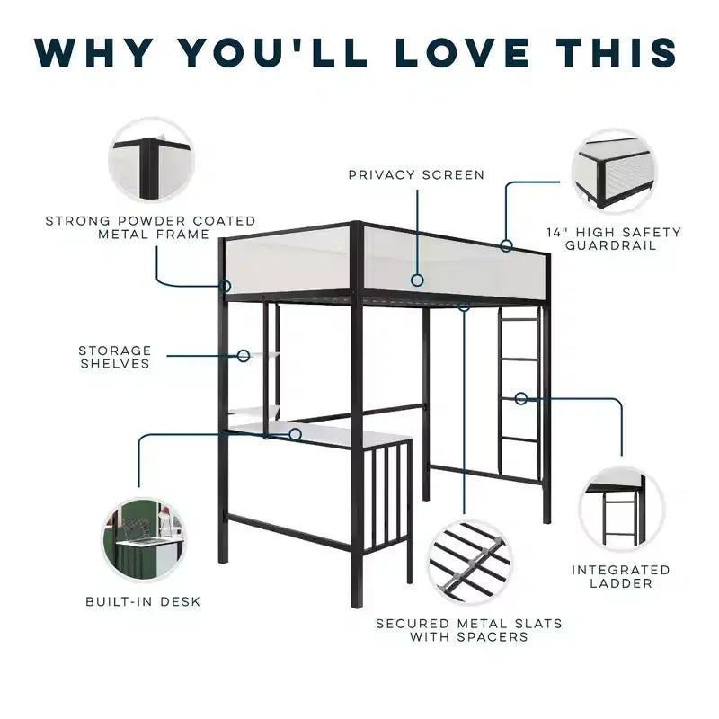 Twin Loft Bed with Desk and Shelves Black