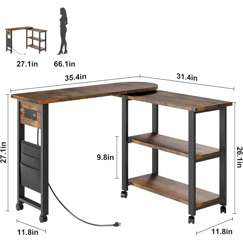 Sofa Table 360Rotating Tabletop End Table, 2-Tier Side Table with Charging Station and Side Storage Pocket for Living Room, Bedroom & Entryway