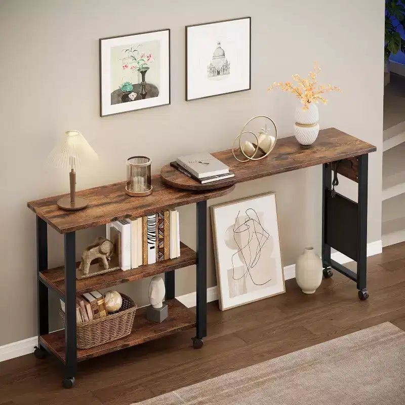 Sofa Table 360Rotating Tabletop End Table, 2-Tier Side Table with Charging Station and Side Storage Pocket for Living Room, Bedroom & Entryway