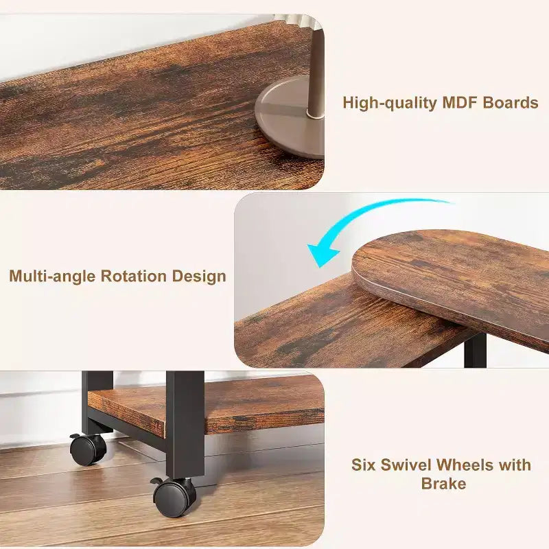 Sofa Table 360Rotating Tabletop End Table, 2-Tier Side Table with Charging Station and Side Storage Pocket for Living Room, Bedroom & Entryway