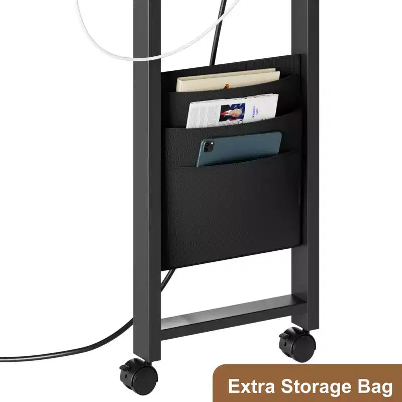 Sofa Table 360Rotating Tabletop End Table, 2-Tier Side Table with Charging Station and Side Storage Pocket for Living Room, Bedroom & Entryway
