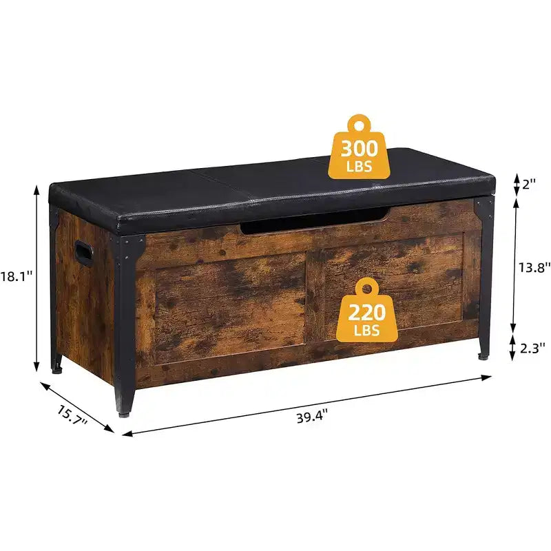 Retro Wooden Storage Bench Ottoman with Safety Hinges Rustic Brown