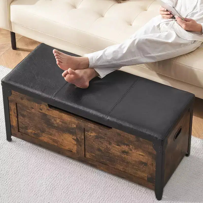 Retro Wooden Storage Bench Ottoman with Safety Hinges Rustic Brown