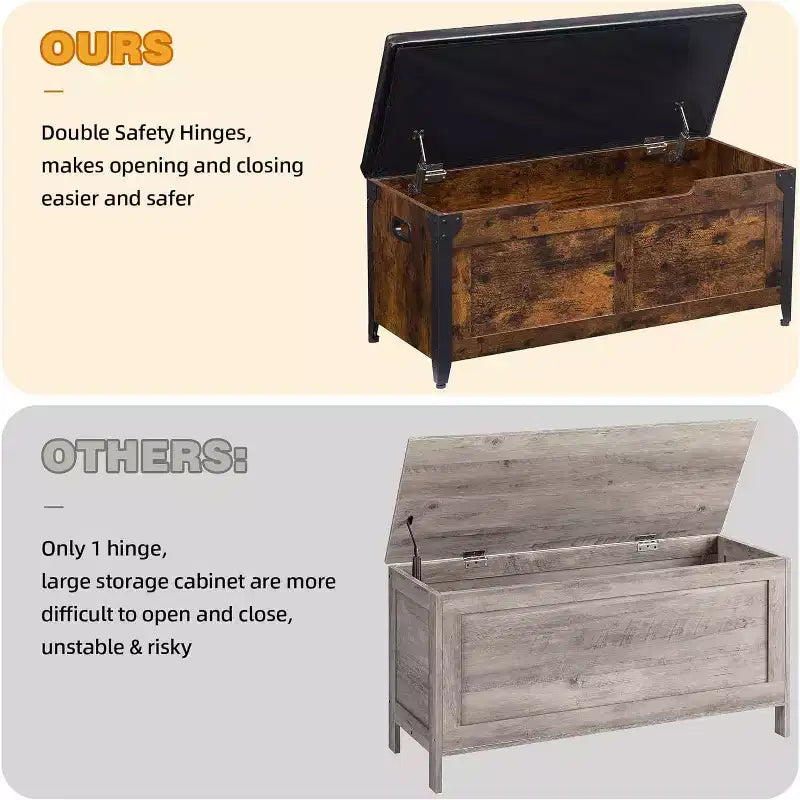 Retro Wooden Storage Bench Ottoman with Safety Hinges Rustic Brown