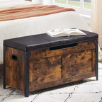 Banc de rangement ottoman en bois rétro avec charnières de sécurité, marron rustique