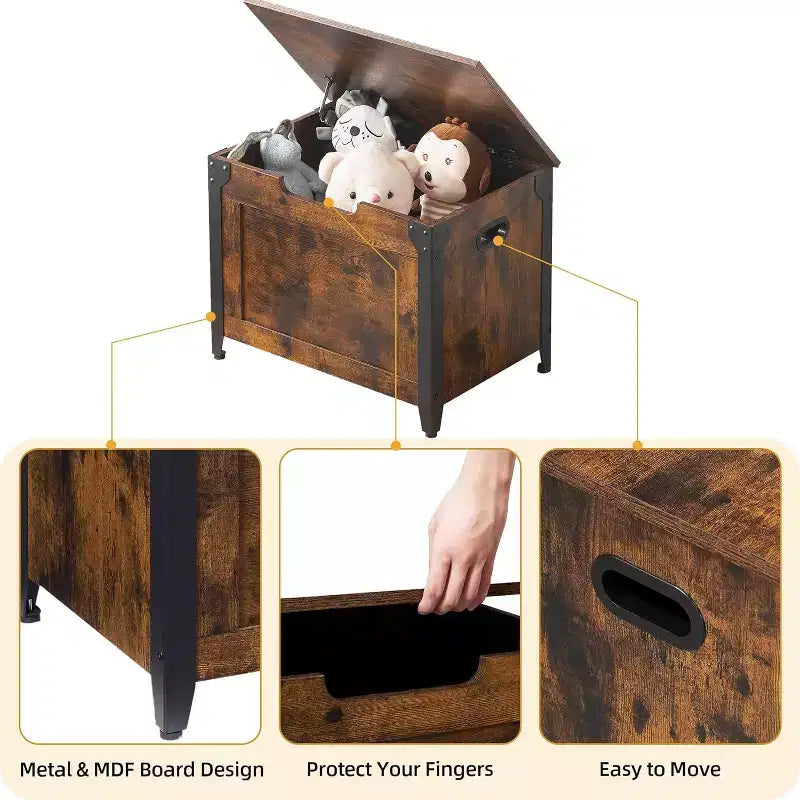 Retro Wooden Storage Bench Ottoman with Safety Hinges Rustic Brown