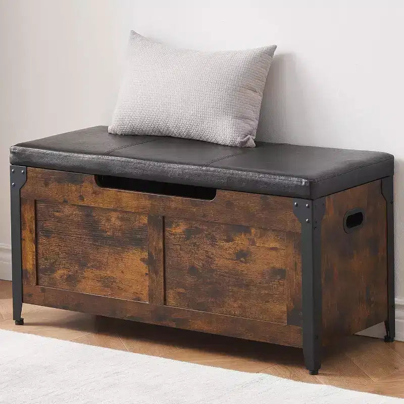 Retro Wooden Storage Bench Ottoman with Safety Hinges Rustic Brown