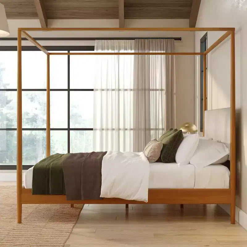 Queen Canopy Bed with Upholstered Headboard Blonde Swiss Coffee