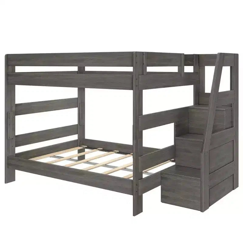 Modern Farmhouse Queen Over Queen Bunk Bed with Staircase Solid Pine