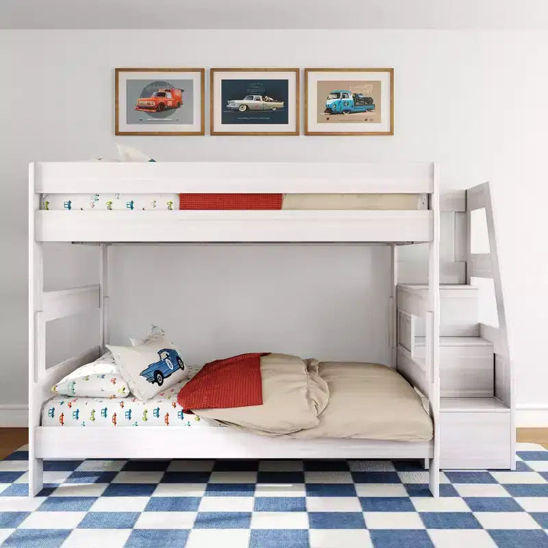 Modern Farmhouse Queen Over Queen Bunk Bed with Staircase Solid Pine