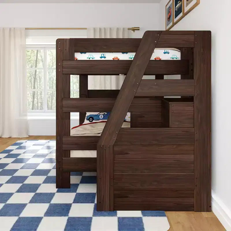 Modern Farmhouse Queen Over Queen Bunk Bed with Staircase Solid Pine
