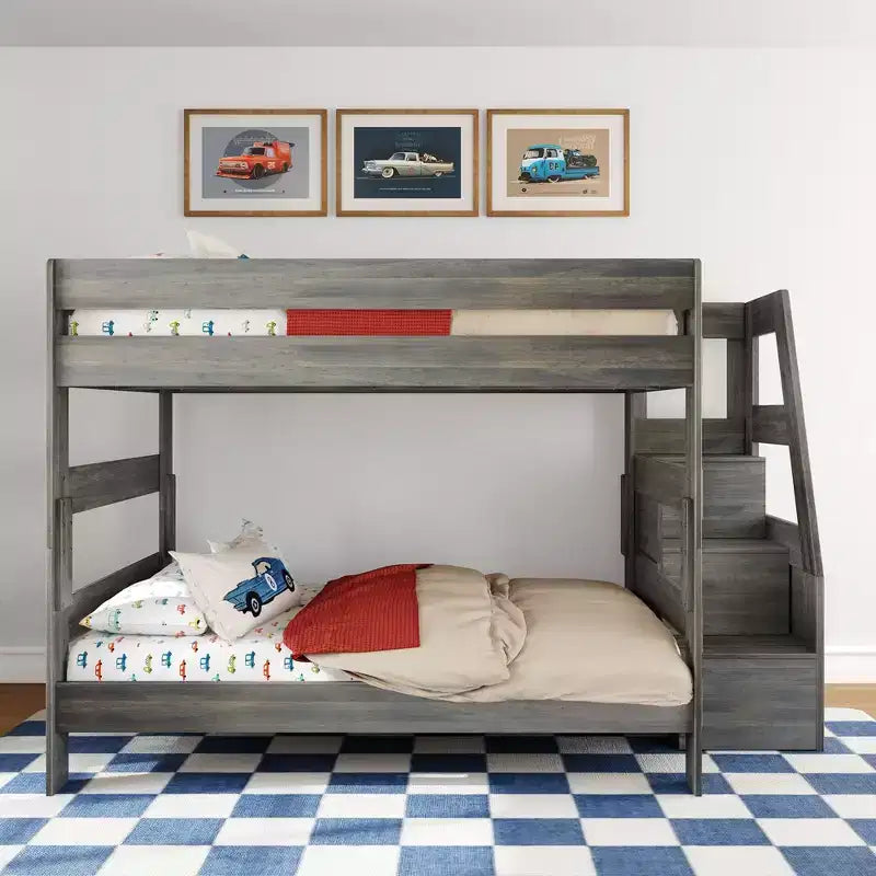 Modern Farmhouse Queen Over Queen Bunk Bed with Staircase Solid Pine