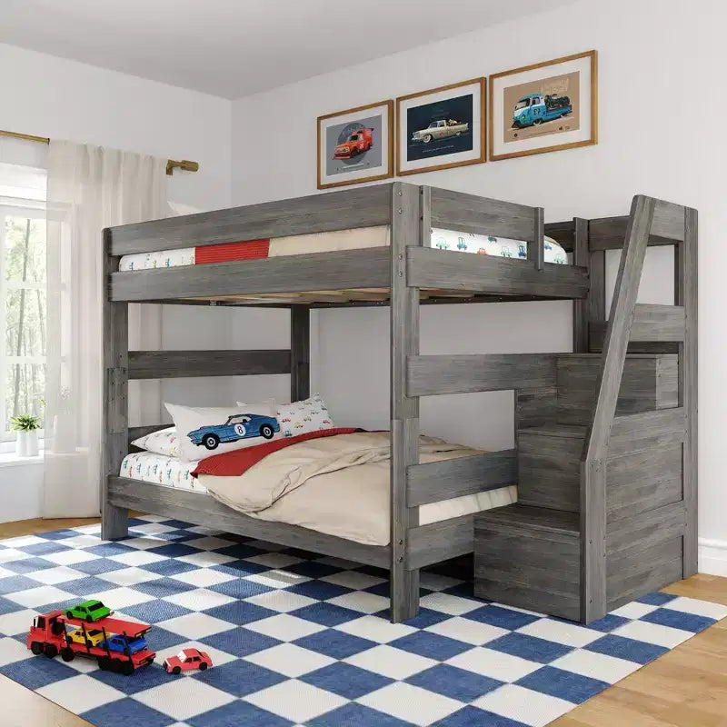 Modern Farmhouse Queen Over Queen Bunk Bed with Staircase Solid Pine