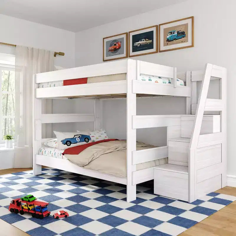 Modern Farmhouse Queen Over Queen Bunk Bed with Staircase Solid Pine