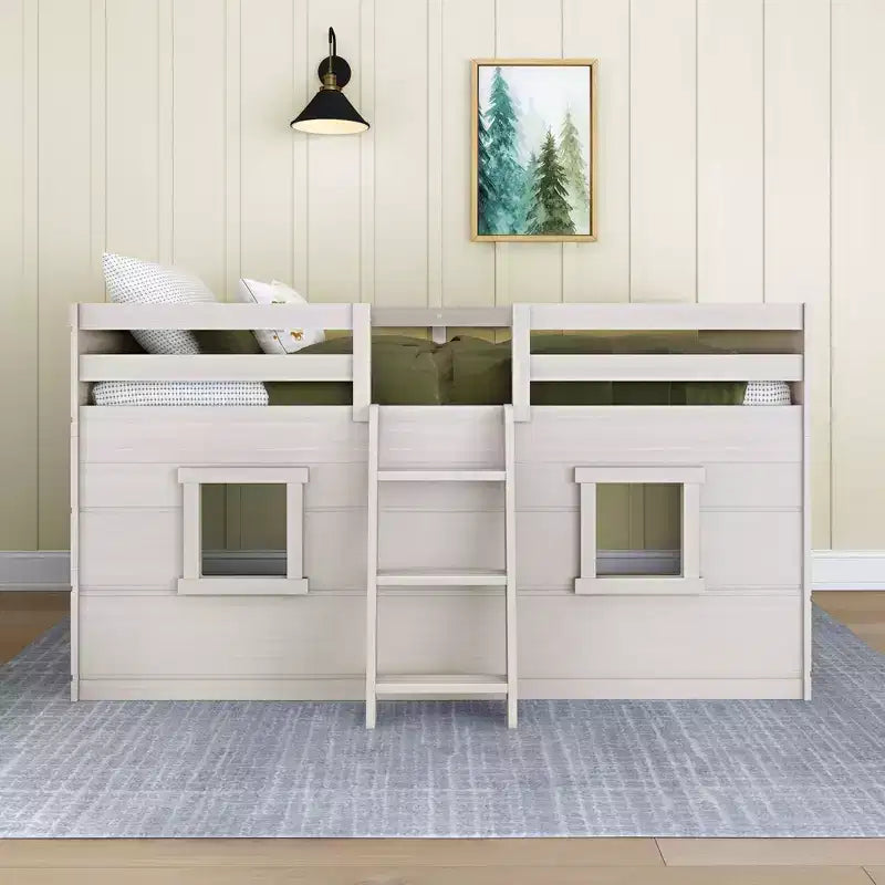 Farmhouse Twin Low Loft Bed with 2 Windows Solid Wood