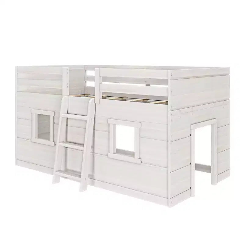 Farmhouse Twin Low Loft Bed with 2 Windows Solid Wood