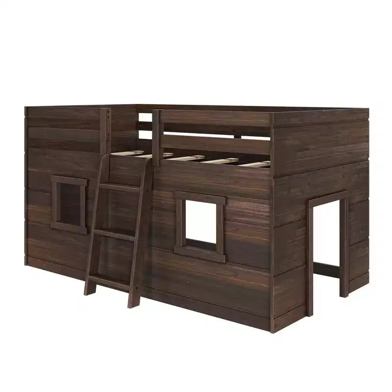 Farmhouse Twin Low Loft Bed with 2 Windows Solid Wood