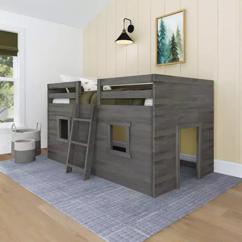 Farmhouse Twin Low Loft Bed with 2 Windows Solid Wood