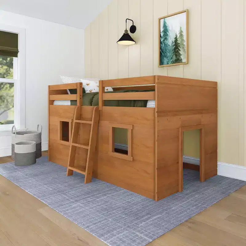 Farmhouse Twin Low Loft Bed with 2 Windows Solid Wood