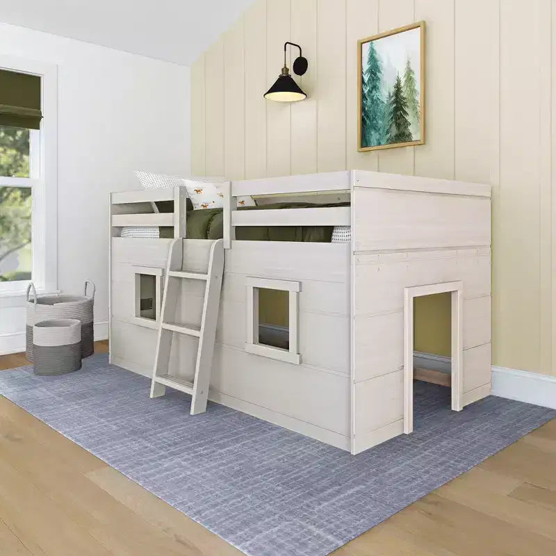 Farmhouse Twin Low Loft Bed with 2 Windows Solid Wood