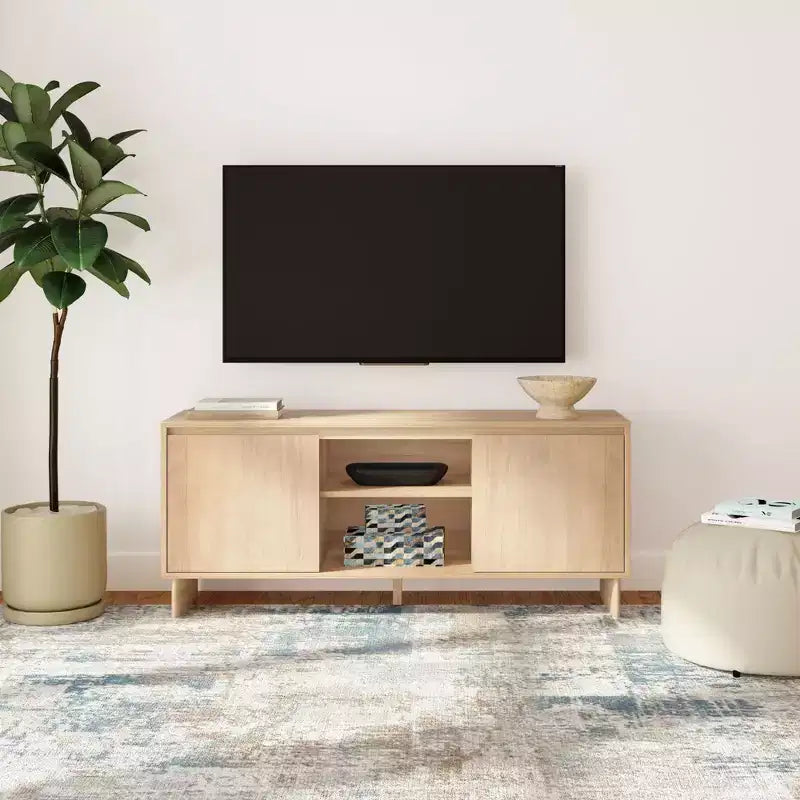 Modern Solid Pine TV Stand with Soft-Close Doors for 65" TVs