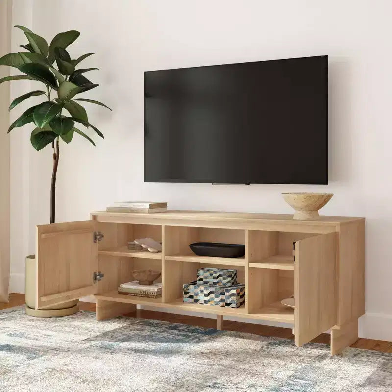 Modern Solid Pine TV Stand with Soft-Close Doors for 65" TVs