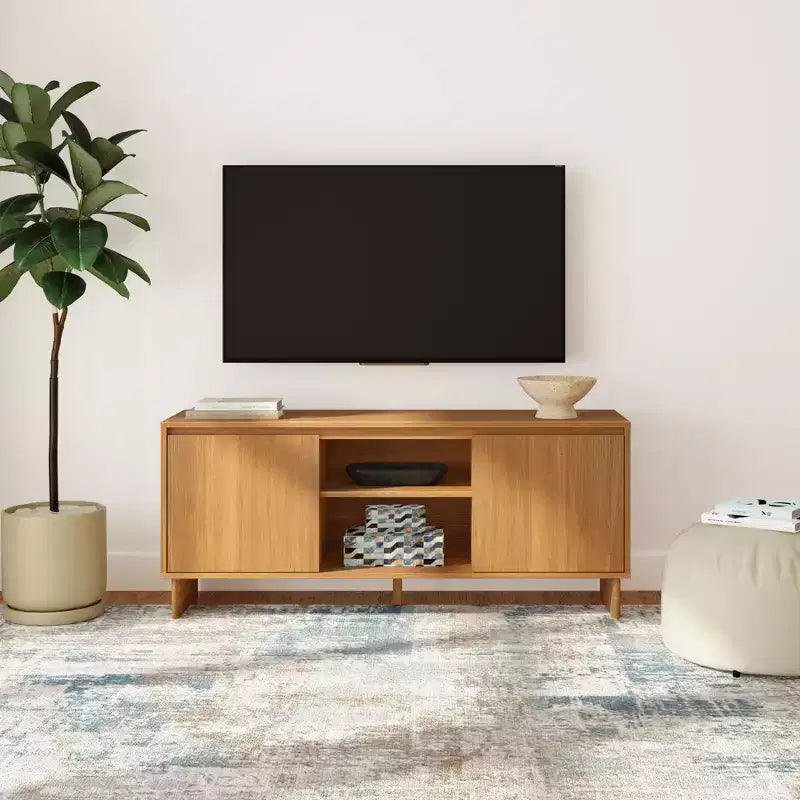Modern Solid Pine TV Stand with Soft-Close Doors for 65" TVs