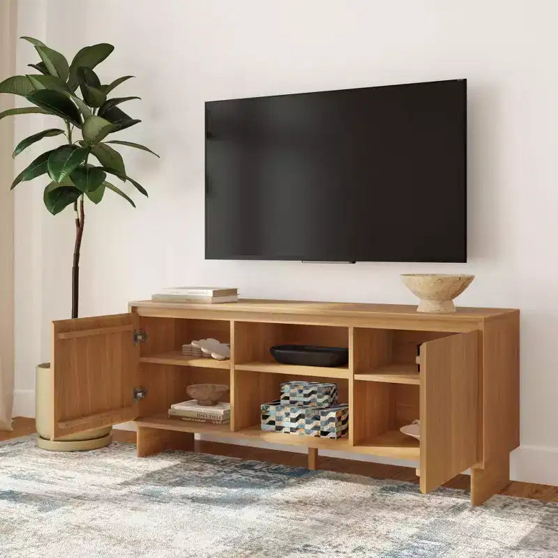 Modern Solid Pine TV Stand with Soft-Close Doors for 65" TVs