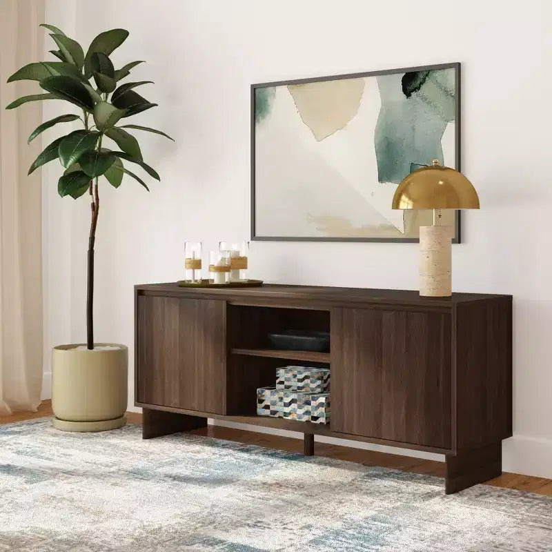 Modern Solid Pine TV Stand with Soft-Close Doors for 65" TVs