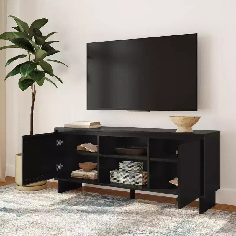 Modern Solid Pine TV Stand with Soft-Close Doors for 65" TVs