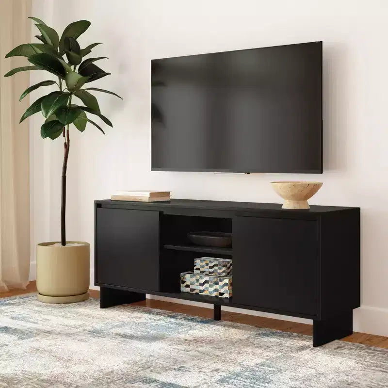 Modern Solid Pine TV Stand with Soft-Close Doors for 65" TVs
