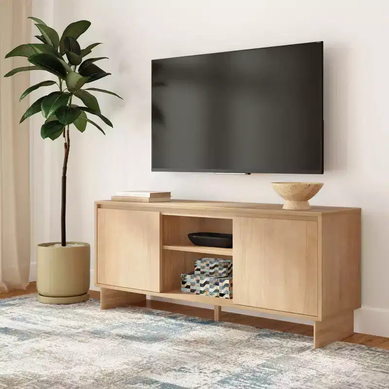 Meuble TV moderne en pin massif avec portes à fermeture douce pour téléviseurs de 65 po