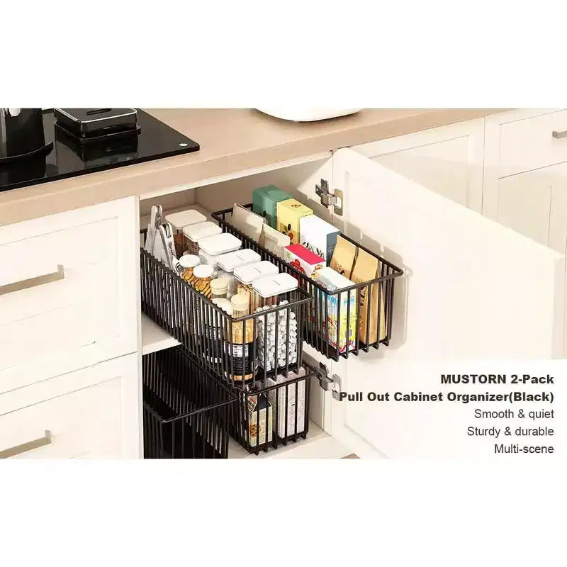 Multifunctional Sliding Shelves,2 Pack Pull Out Cabinet Organizer,Sturdy Carbon Steel Roll-Out Drawers for Kitchen Cabinet Pantry Bathroom Under Sink
