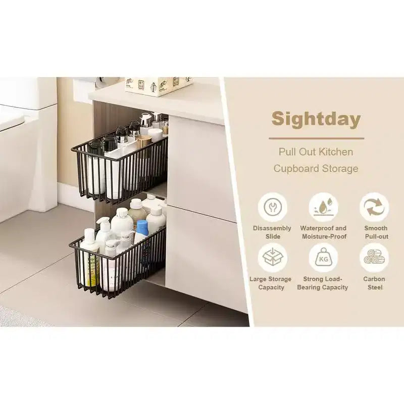 Multifunctional Sliding Shelves,2 Pack Pull Out Cabinet Organizer,Sturdy Carbon Steel Roll-Out Drawers for Kitchen Cabinet Pantry Bathroom Under Sink