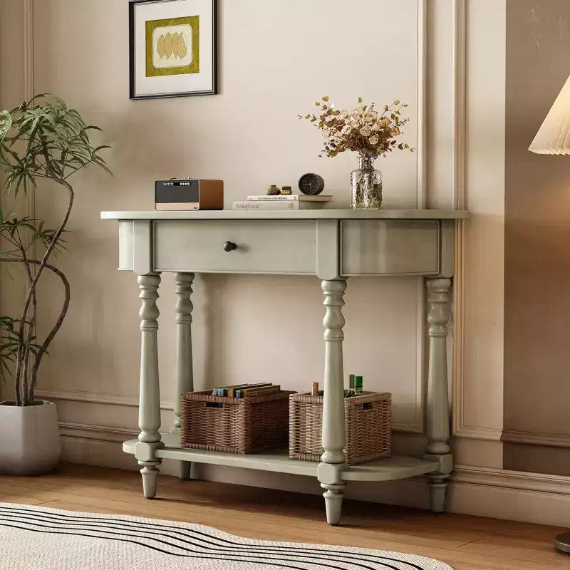 Vintage Narrow Console Table with Storage, Wood Entryway Table with Top Drawer and Open Shelf, Retro Sofa Table for Entryway and Hallway