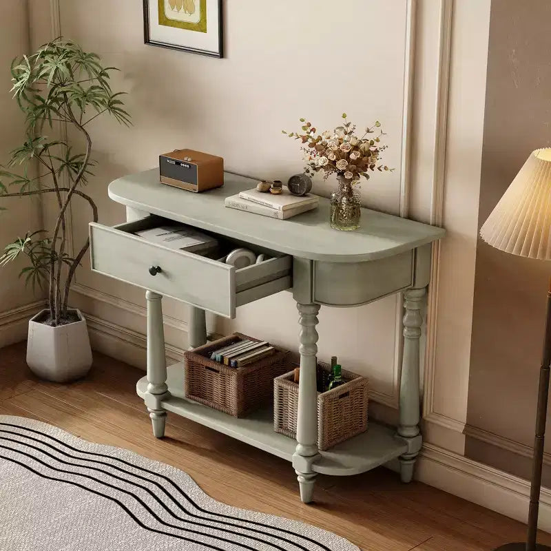 Vintage Narrow Console Table with Storage, Wood Entryway Table with Top Drawer and Open Shelf, Retro Sofa Table for Entryway and Hallway
