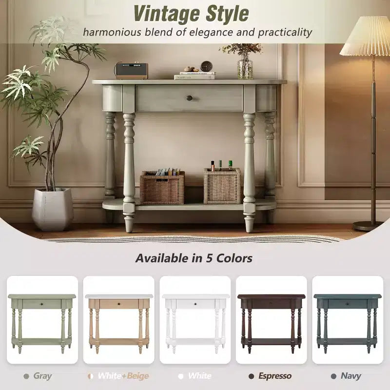 Vintage Narrow Console Table with Storage, Wood Entryway Table with Top Drawer and Open Shelf, Retro Sofa Table for Entryway and Hallway