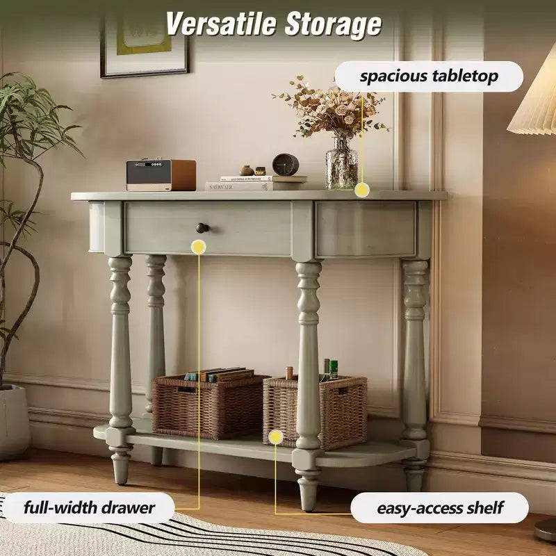 Vintage Narrow Console Table with Storage, Wood Entryway Table with Top Drawer and Open Shelf, Retro Sofa Table for Entryway and Hallway