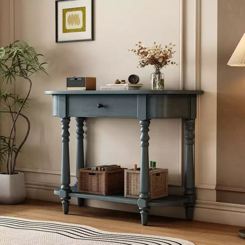 Vintage Narrow Console Table with Storage, Wood Entryway Table with Top Drawer and Open Shelf, Retro Sofa Table for Entryway and Hallway