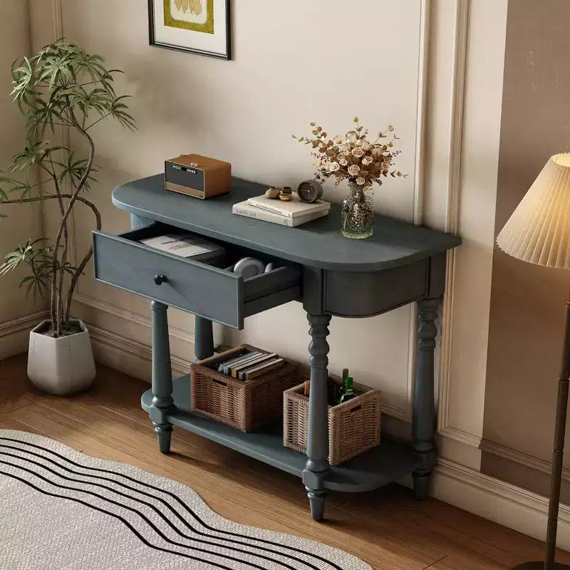 Vintage Narrow Console Table with Storage, Wood Entryway Table with Top Drawer and Open Shelf, Retro Sofa Table for Entryway and Hallway