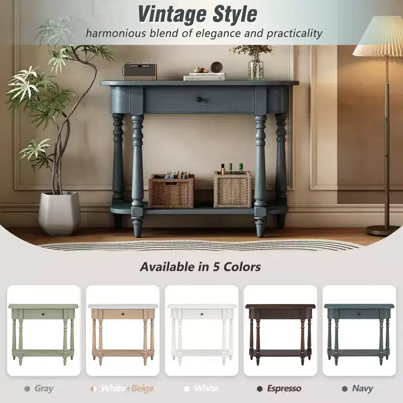 Vintage Narrow Console Table with Storage, Wood Entryway Table with Top Drawer and Open Shelf, Retro Sofa Table for Entryway and Hallway