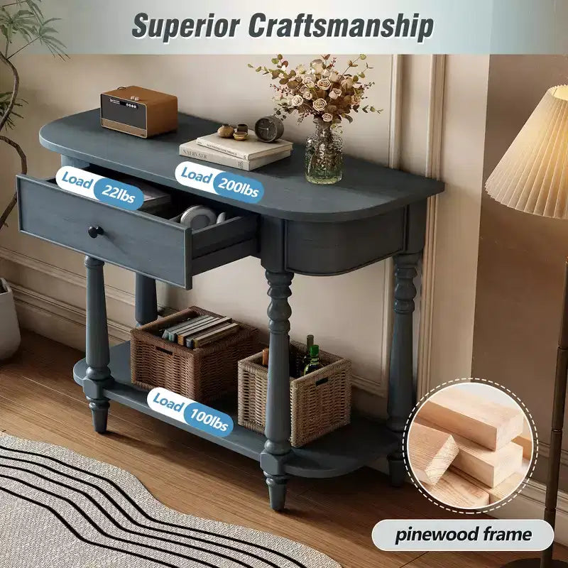 Vintage Narrow Console Table with Storage, Wood Entryway Table with Top Drawer and Open Shelf, Retro Sofa Table for Entryway and Hallway